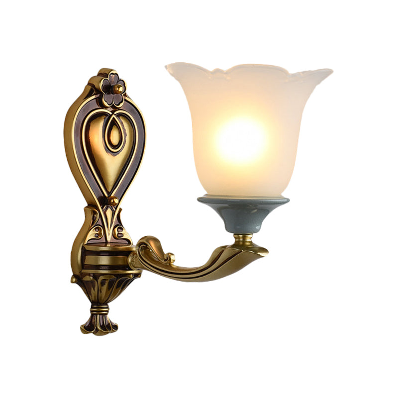 Rynx | 1/2-Head Wall Lamp Traditional Flower Shape Opal Glass Top Wall Mount Light Fixture in Brass