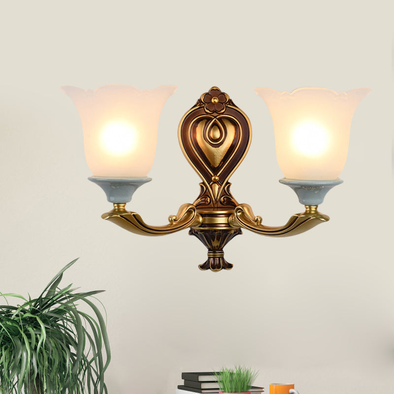 Rynx | 1/2-Head Wall Lamp Traditional Flower Shape Opal Glass Top Wall Mount Light Fixture in Brass