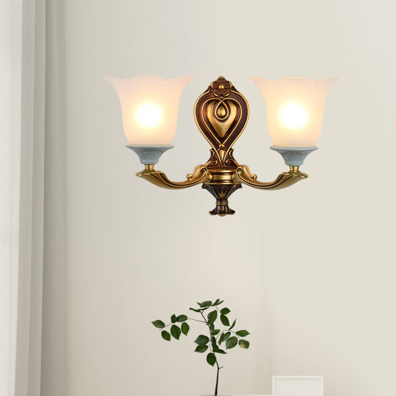 Rynx | 1/2-Head Wall Lamp Traditional Flower Shape Opal Glass Top Wall Mount Light Fixture in Brass