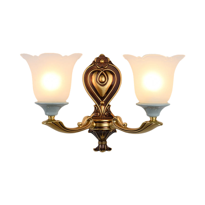 Rynx | 1/2-Head Wall Lamp Traditional Flower Shape Opal Glass Top Wall Mount Light Fixture in Brass