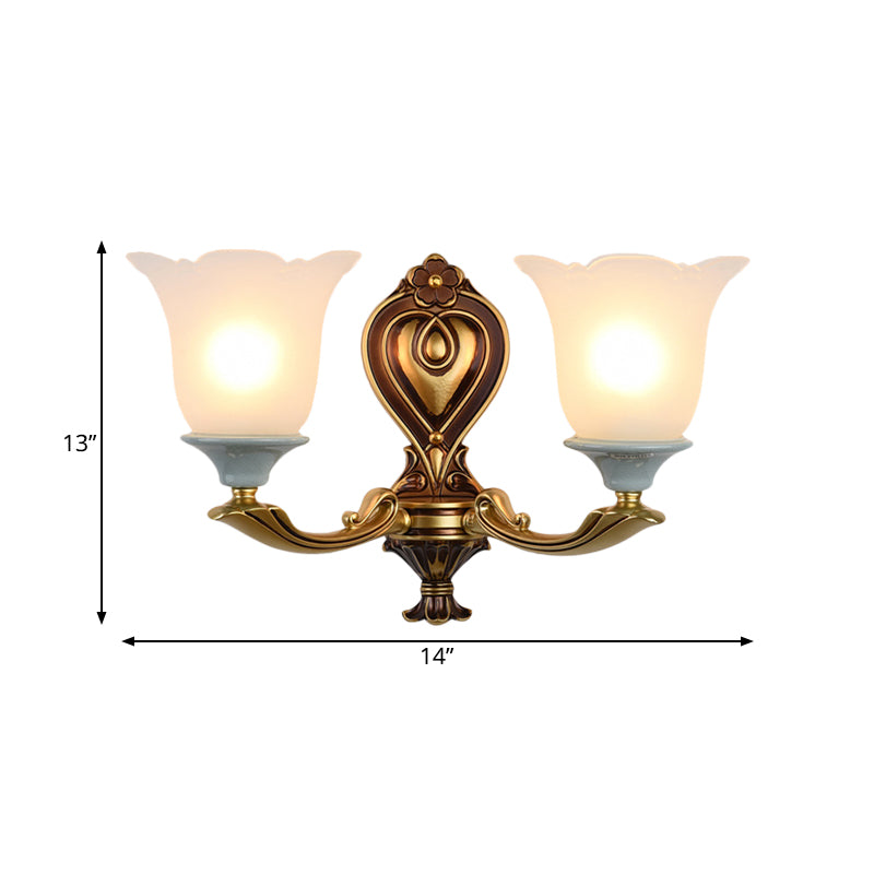 Rynx | 1/2-Head Wall Lamp Traditional Flower Shape Opal Glass Top Wall Mount Light Fixture in Brass