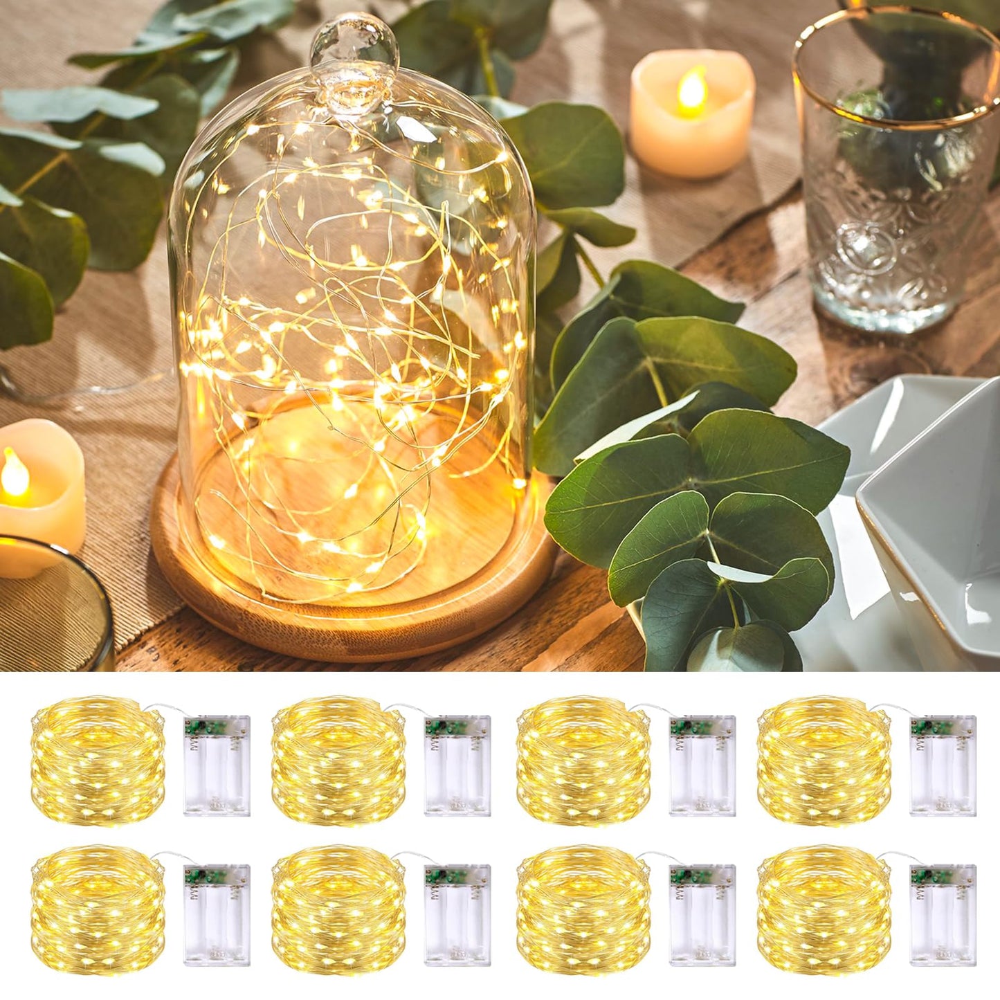 Rynx | Jmexsuss 8 Pack 50 LED Fairy Lights Battery Operated Light Strings, 16Ft Warm White Christmas Fairy Lights Indoor Outdoor Waterproof For Mason Glass, Bedroom, Party, Wedding, Christmas Decorations