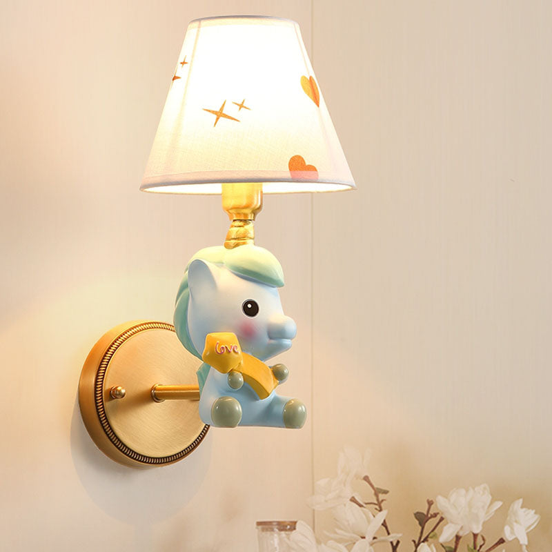 Rynx | Barrel Metal Wall Lamp Children Single Light Pink/Blue Wall Mounted Lighting with Cartoon Pony Base