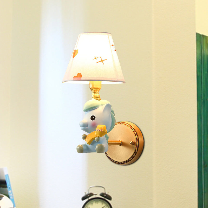 Rynx | Barrel Metal Wall Lamp Children Single Light Pink/Blue Wall Mounted Lighting with Cartoon Pony Base