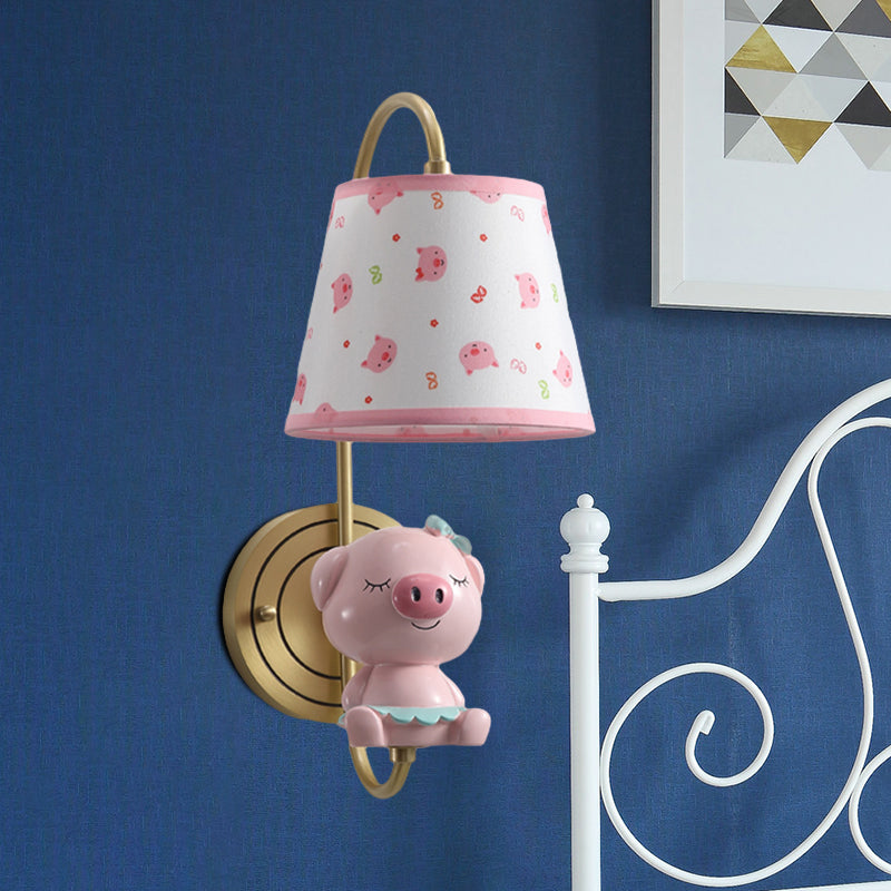 Rynx | Barrel Wall Lamp Fixture Kids Fabric Single Head Gold Wall Light with Cartoon Pig/Mouse/Dragon Decoration