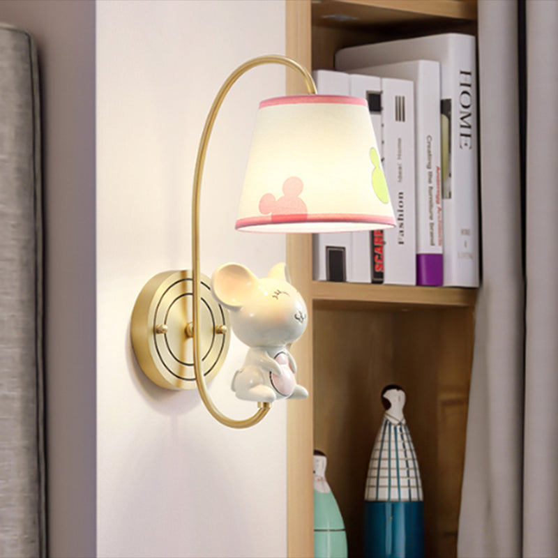 Rynx | Barrel Wall Lamp Fixture Kids Fabric Single Head Gold Wall Light with Cartoon Pig/Mouse/Dragon Decoration