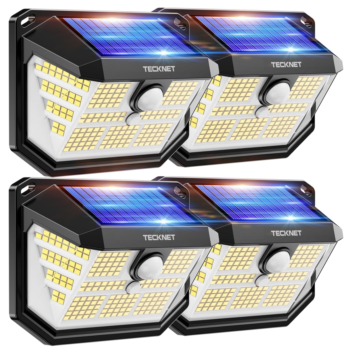 Rynx | Tecknet 231 LED Motion Sensor Outdoor Light, 4-pack, 300° Solar Security Wall Light, 3 Lighting Modes, Ip65 Waterproof, Pir Motion Sensor for Outdoors, Fence, Garden, Garage, Terrace