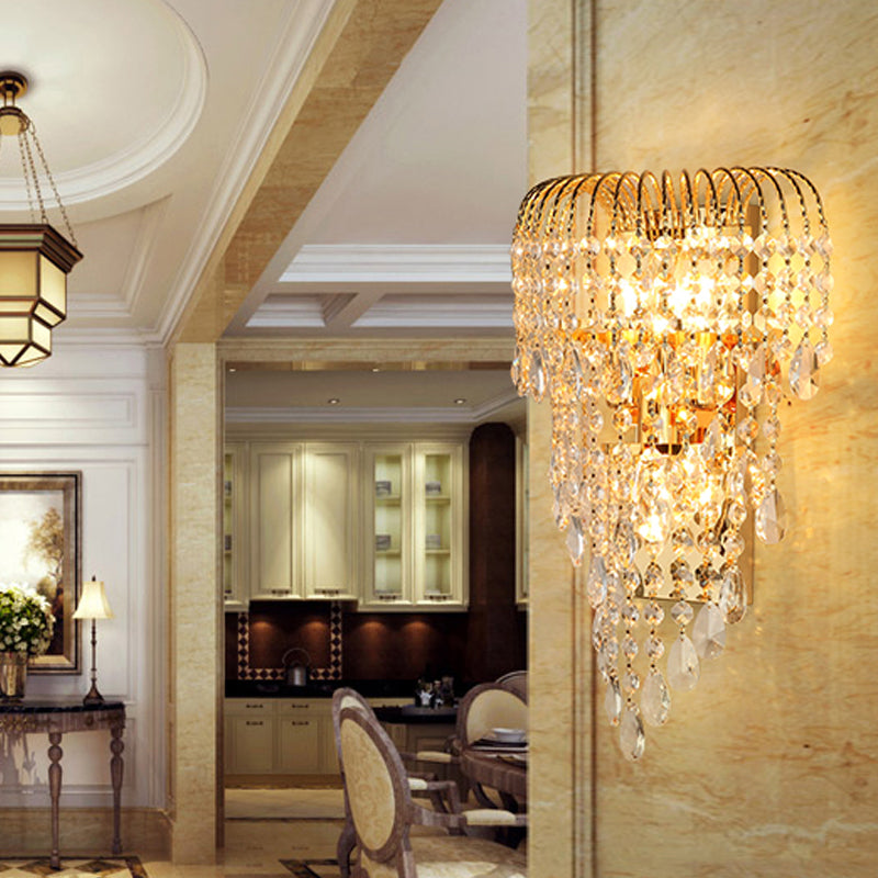 Rynx | Cascading Crystal Strand Wall Lamp Traditional 3 Lights Living Room Wall Light in Gold