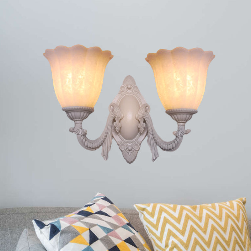 Rynx | Flower white glass wall lamp vintage 1/2 bulb living room wall-mounted lighting with curved arm