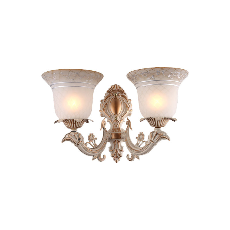 Rynx | Metal Beige Wall Light Fixture Curvy Arm 1/2-Light Antique Wall Lamp with Bell White Glass Shade