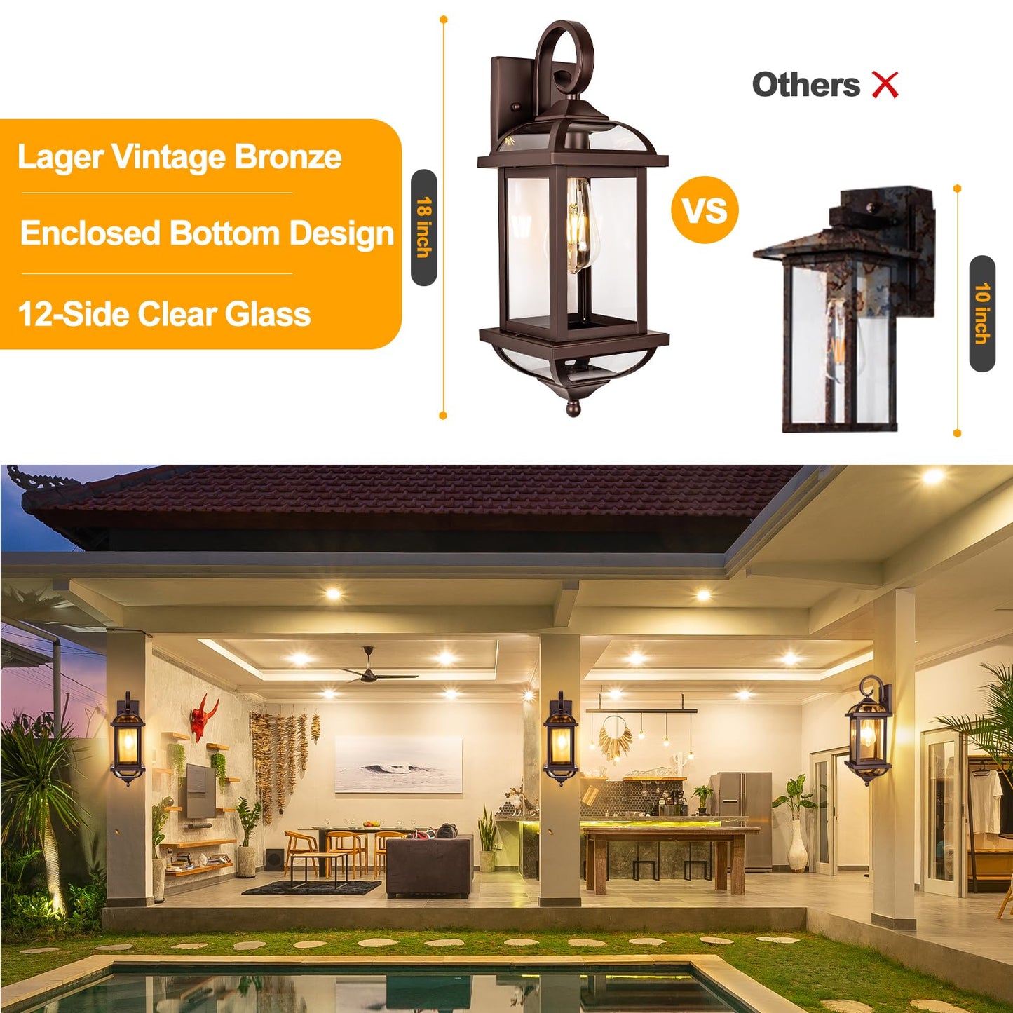 Rynx | Roravilila 18” Bronze Outdoor Wall Lamps, Waterproof Aluminum Wall Lamps, 2-Pack