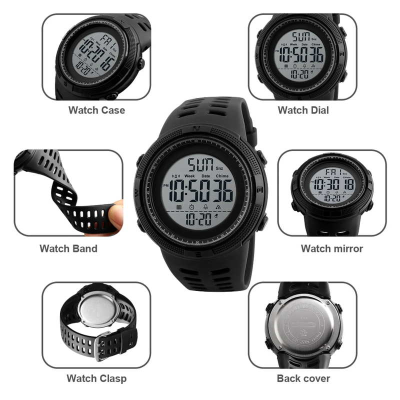 Rynx | Men's Waterproof Digital Sports Watch, Alarm, Backlight, Classic Large Dial