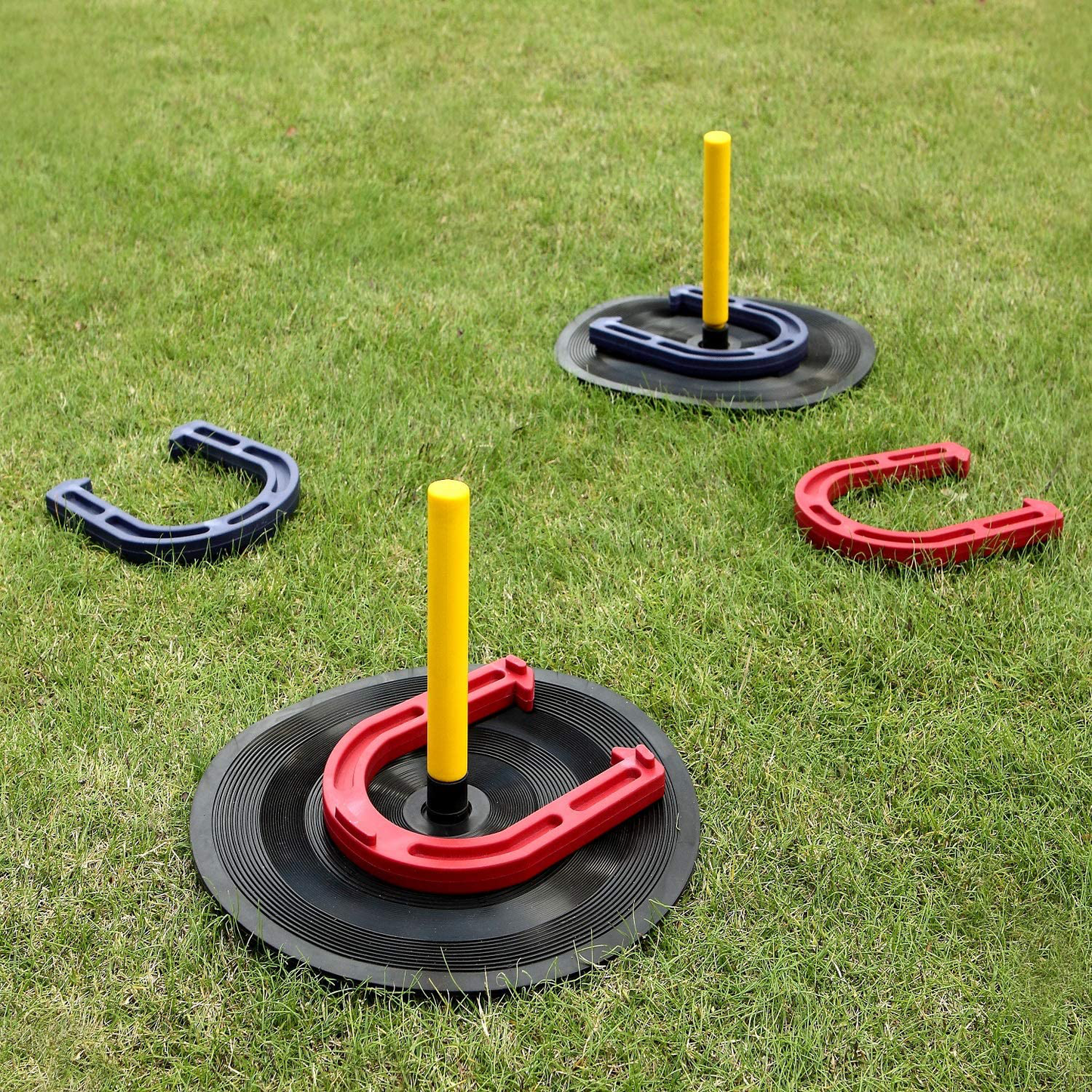 Rynx | Win SPORTS Outdoor Indoor Rubber Horseshoes Set Includes 4 Horseshoes, 2 Pegs, 2 Rubber Mats, 2 Red Plastic dowels, Beach Games Perfect for Tailgating, Camping, Backyard, Fun for Kids Adults