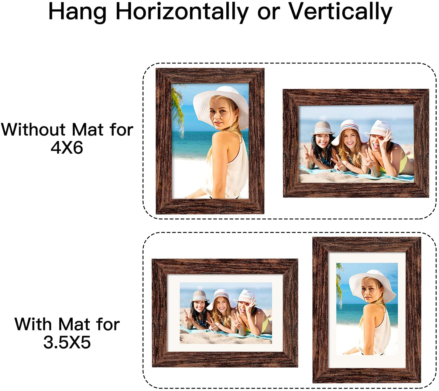 Rynx | 8x10 Picture Frame Worn Farmhouse Wood Pattern Set of 4 with Tempered Glass, Display Photos 5x7 with Mat or 8x10 without Mat, Horizontal and Vertical Formats for Wall and Table Mounting