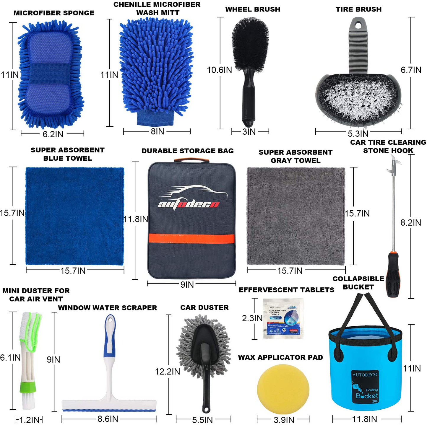 Rynx | AUTODECO 22Pcs Car Wash Cleaning Tools Set Car Detailing Set with Blue Leather Bag Collapsible Bucket Washing Mitt Sponge Towels Tire Brush Window Scraper Dust Mop Complete Interior Car Care Set