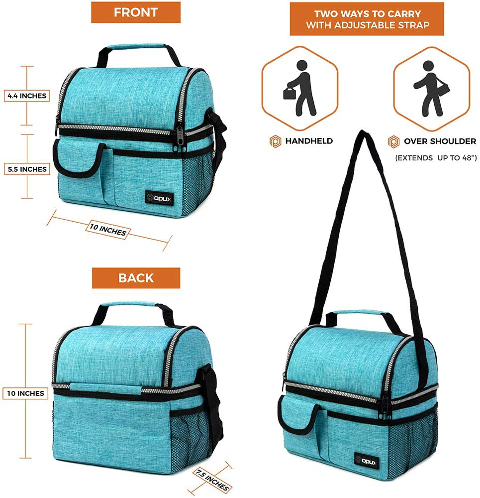 Rynx | Opux Insulated Dual Compartment Lunch Bag For Men, Women | Double Deck Reusable Lunch Box Cooler Bag With Shoulder Strap, Soft Leakproof Lining | Large Lunch Box Tote For Work, School (Turquoise)