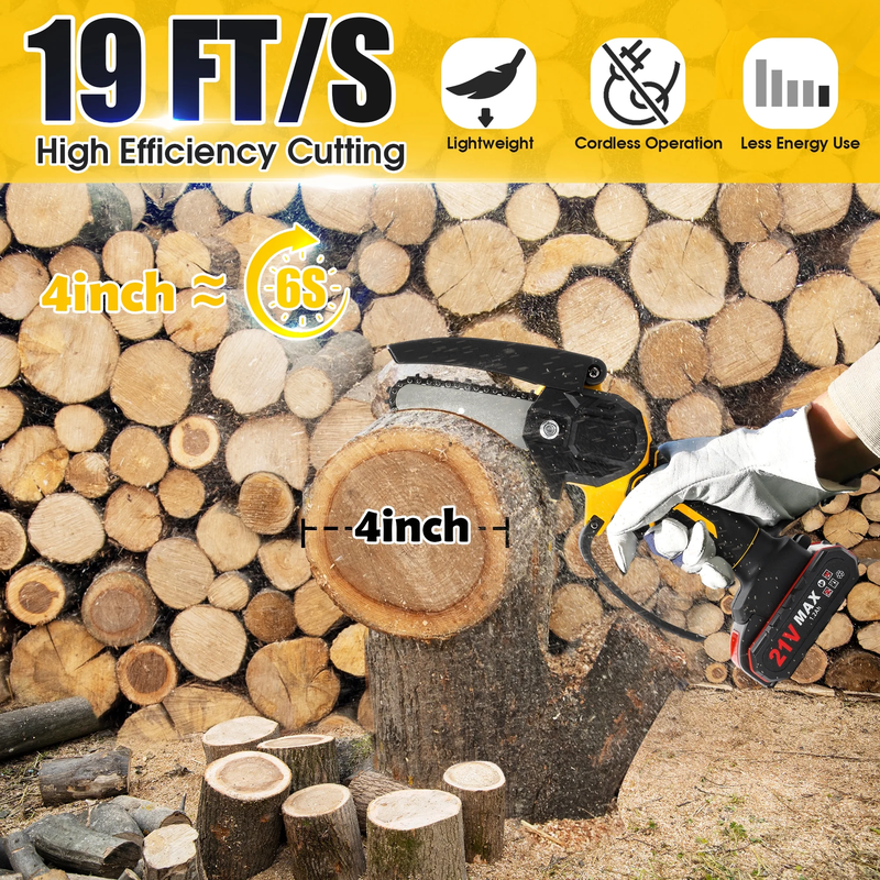 Rynx | 4 Inch Mini Chainsaw with 2 Batteries, Portable Wireless Lightweight Handheld Chainsaw