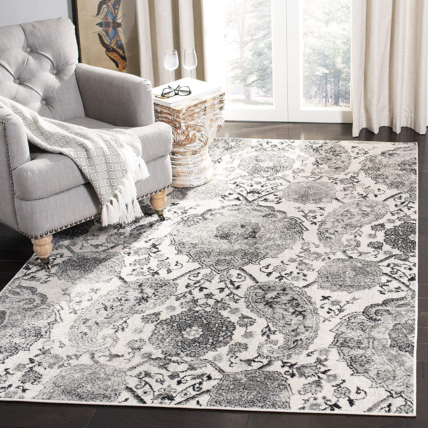 Rynx | Safavieh Madison Collection Mad600d Boho Chic Glam Paisley Non-Shedding Living Room Bedroom Area Rug, 5'3" X 5'3" Square, Cream / Silver