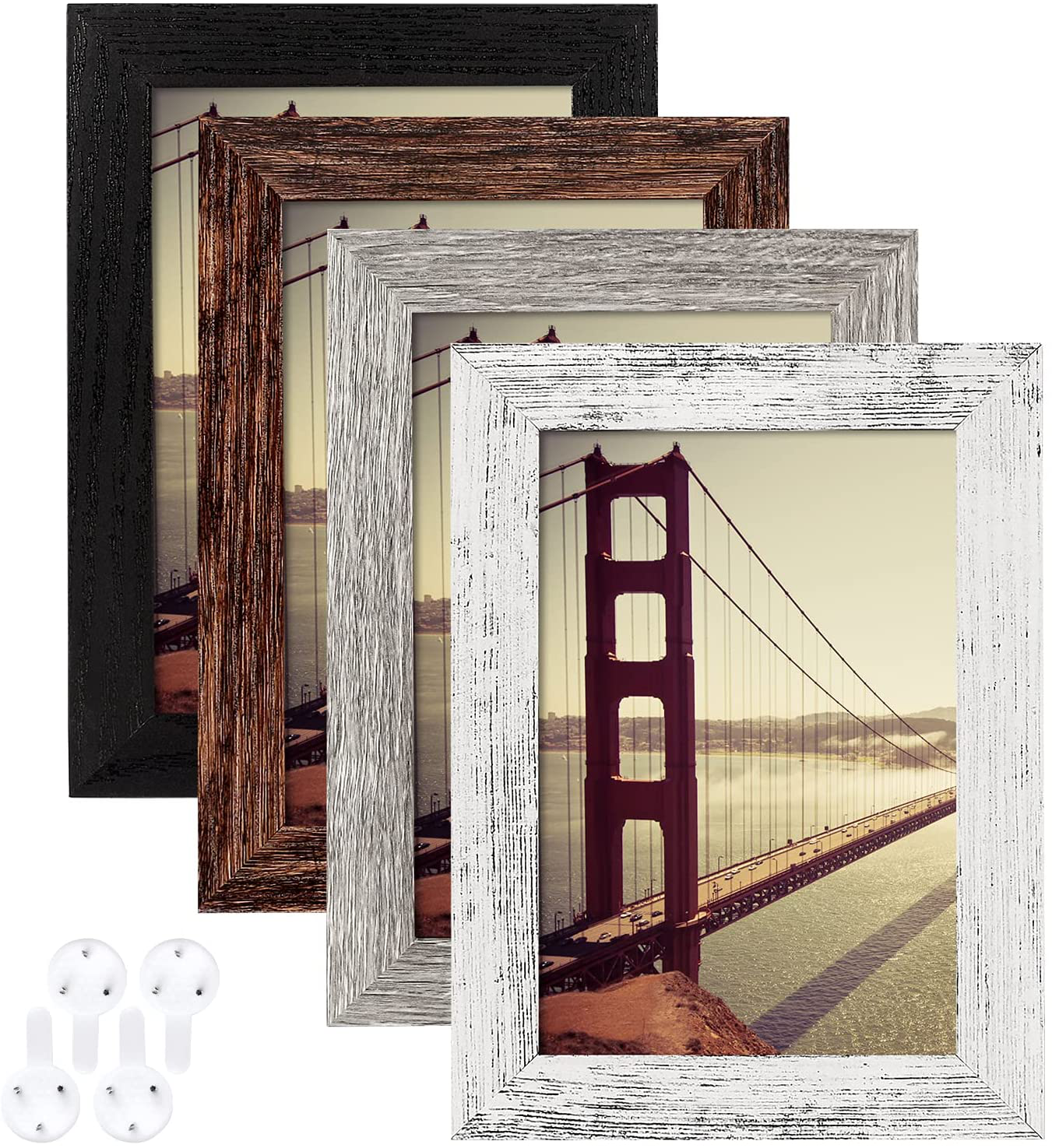 Rynx | 8x10 Picture Frame Worn Farmhouse Wood Pattern Set of 4 with Tempered Glass, Display Photos 5x7 with Mat or 8x10 without Mat, Horizontal and Vertical Formats for Wall and Table Mounting