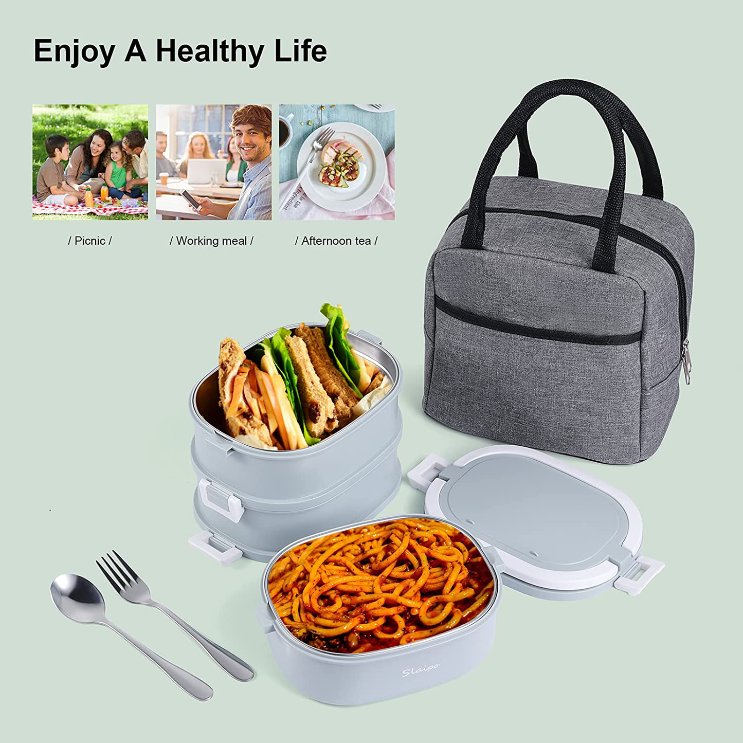 Rynx | Bento Box Adult Lunch Box, Slaipo Leak-proof Lunch Box Container Insulated Lunch Bag Fork Spoon, Portable Stackable Food Container Storage Boxes For Work School Camping, 3 Layers…