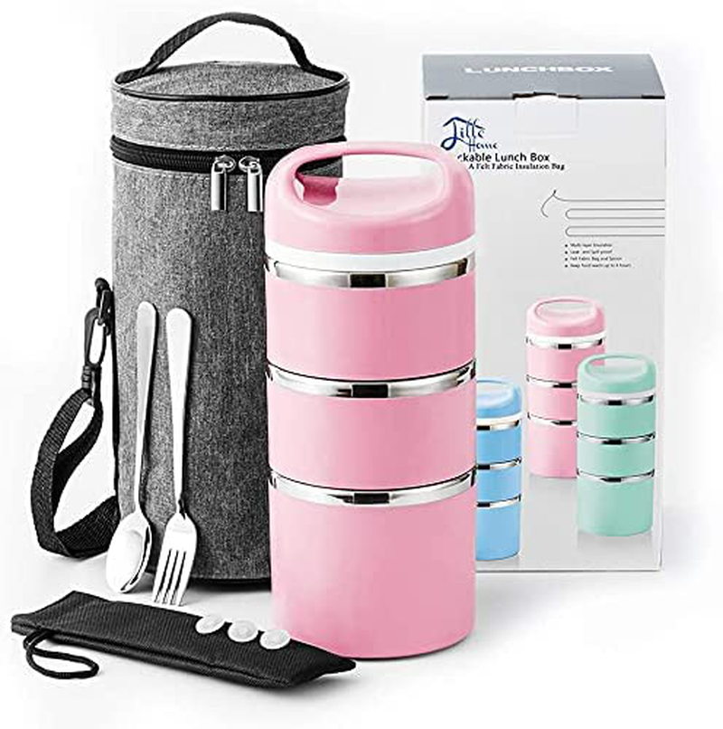 Rynx | Lille Home Stable Stainless Steel Thermal Compartment Lunch/Snack Box, 3-Layer Insulated Bento/Food Container With Upgraded Lunch Bag, Portable Cutlery Set And 3 Extra Silicone Seals, 43oz, Pink