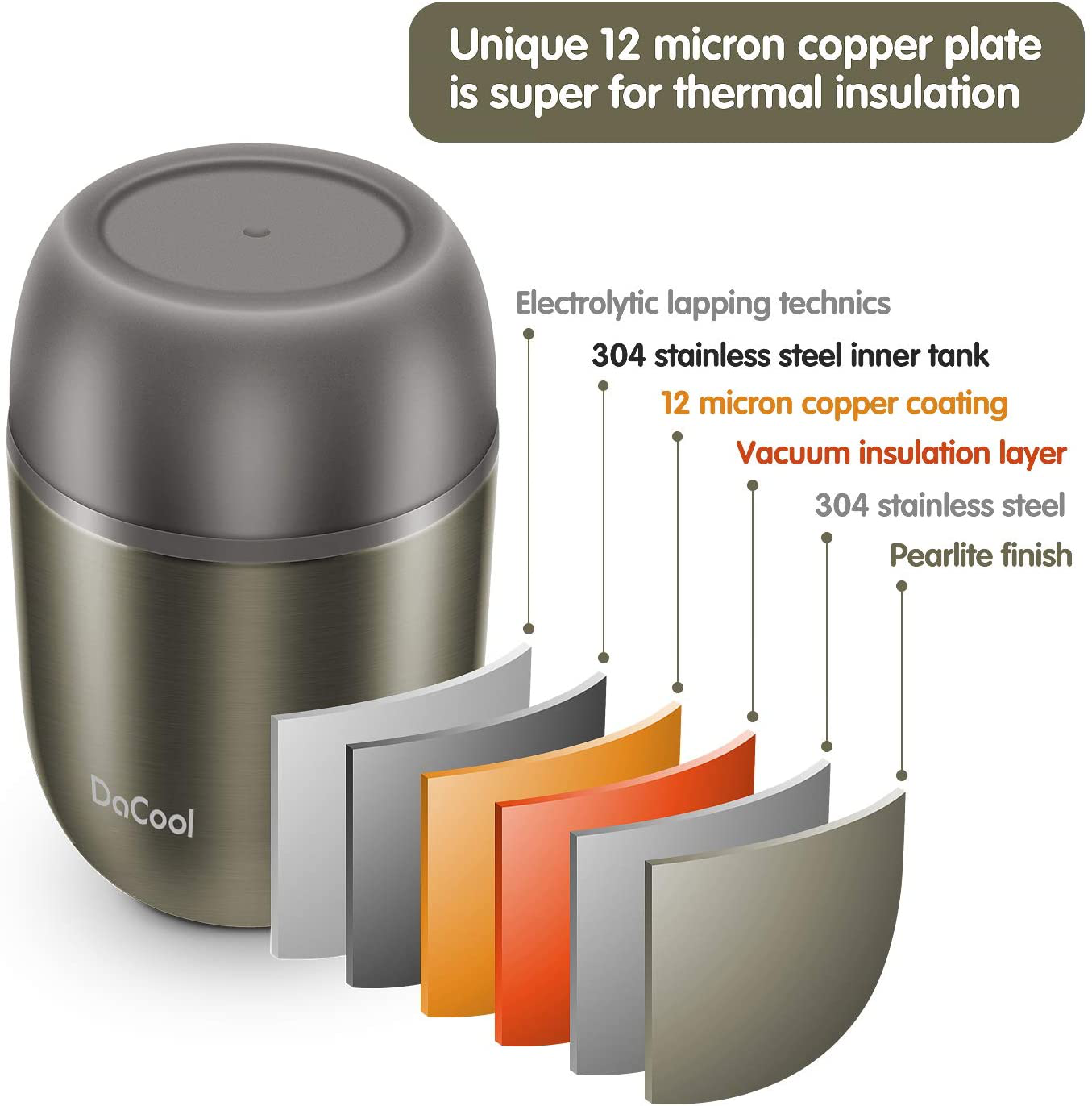 Rynx | Dacool Warm Food Jar Insulated Lunch Box Container Vacuum Stainless Steel 16 Ounce Kids Adult Bento Box For Hot Food With Spoon Leak Proof For School Office Picnic Travel Outdoor, BPA Free - Gray