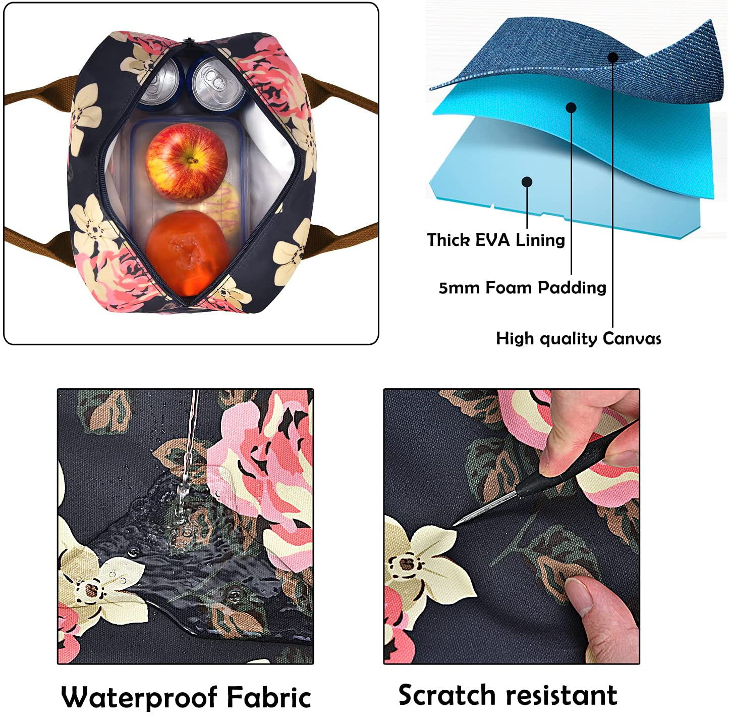 Rynx | Lokass Lunch Bag Cooler Bag Women's Tote Bag Insulated Lunch Box Water Resistant Thermal Lunch Bag Soft Lining Lunch Bags For Women / Picnic / Boating / Beach / Fishing / Work (Peony)