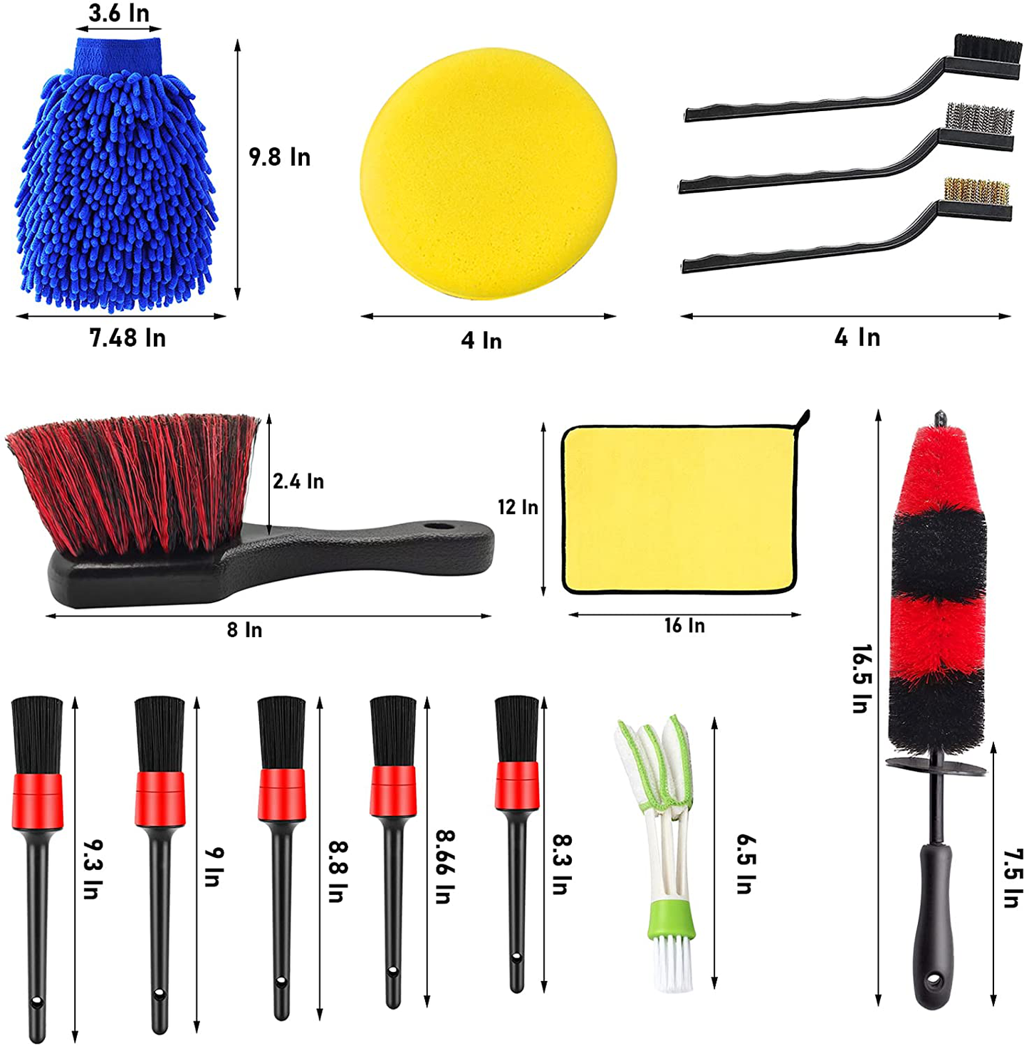 Rynx | Jaronx 15 PCS Car Wheel & Tire Brush Set, 17 Inch Long Handle Rim Brush, Short Handle Wheel Brush, Detailing Brushes, Wash Mitts, Ventilation Dust Brush, Wax Applicator Pads, Wash Cloths, Wash Brushes
