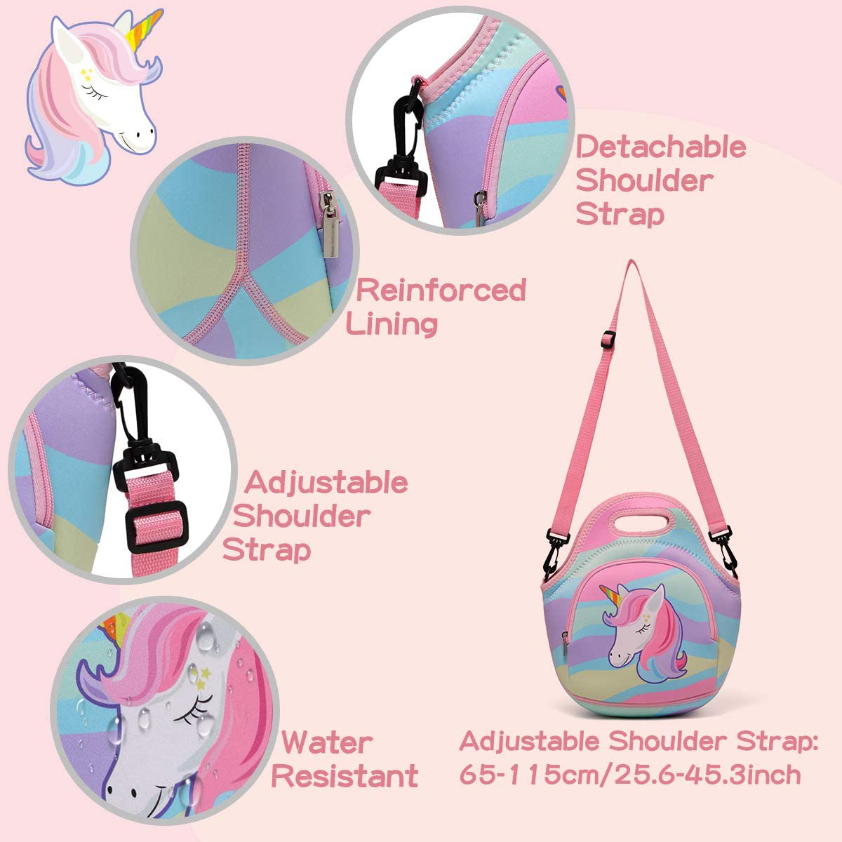 Rynx | Lunch bag for girls, Chasechic cute lightweight neoprene insulated lunch boxes tote for women with detachable adjustable shoulder strap unicorn
