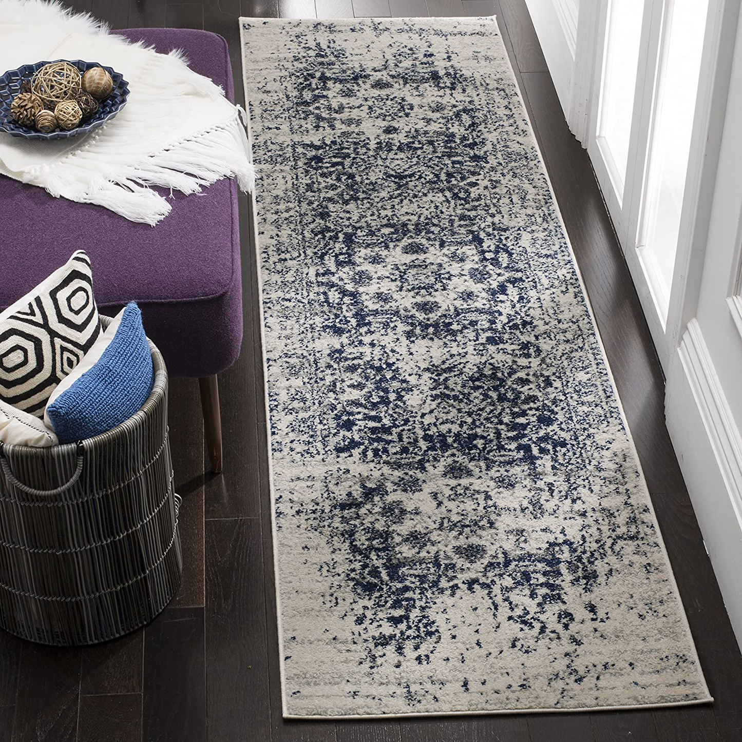Rynx | Safavieh Madison Collection MAD603D Oriental Snowflake Medallion Distressed Non-Shedding Stain Resistant Living Room Bedroom Runner, 2'3" x 6', Cream / Navy Blue