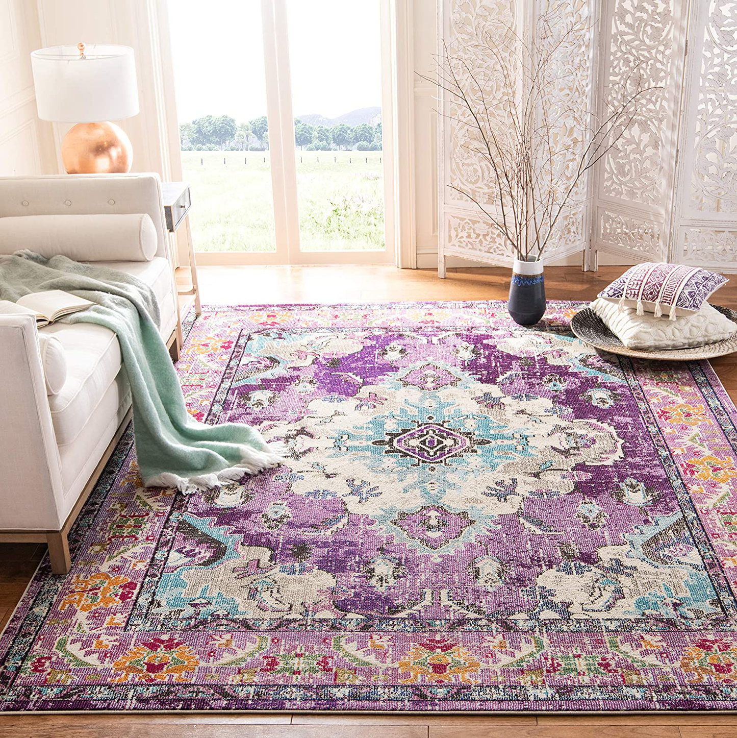 Rynx | Safavieh Monaco Collection MNC243L Boho Chic Medallion Distressed Non-Shedding Stain Resistant Living Room Bedroom Area Rug, 3' x 3' Square, Purple / Light Blue