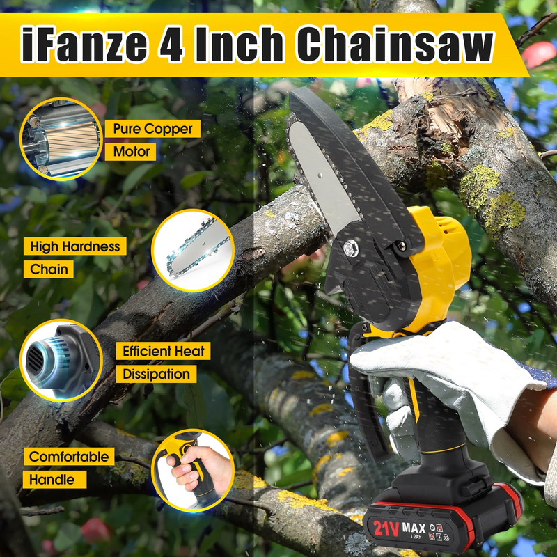 Rynx | 4 Inch Mini Chainsaw with 2 Batteries, Portable Wireless Lightweight Handheld Chainsaw