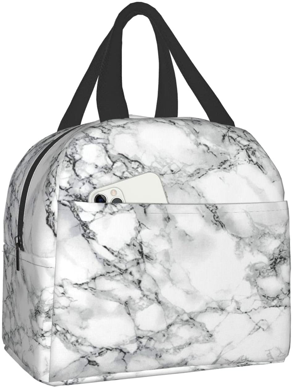 Rynx | Simple Insulated Lunch Bags For Women Men, Cute Reusable Lunch Boxes Small Suitable Girls Boys Teenagers Work Picnic Travel, White Marble