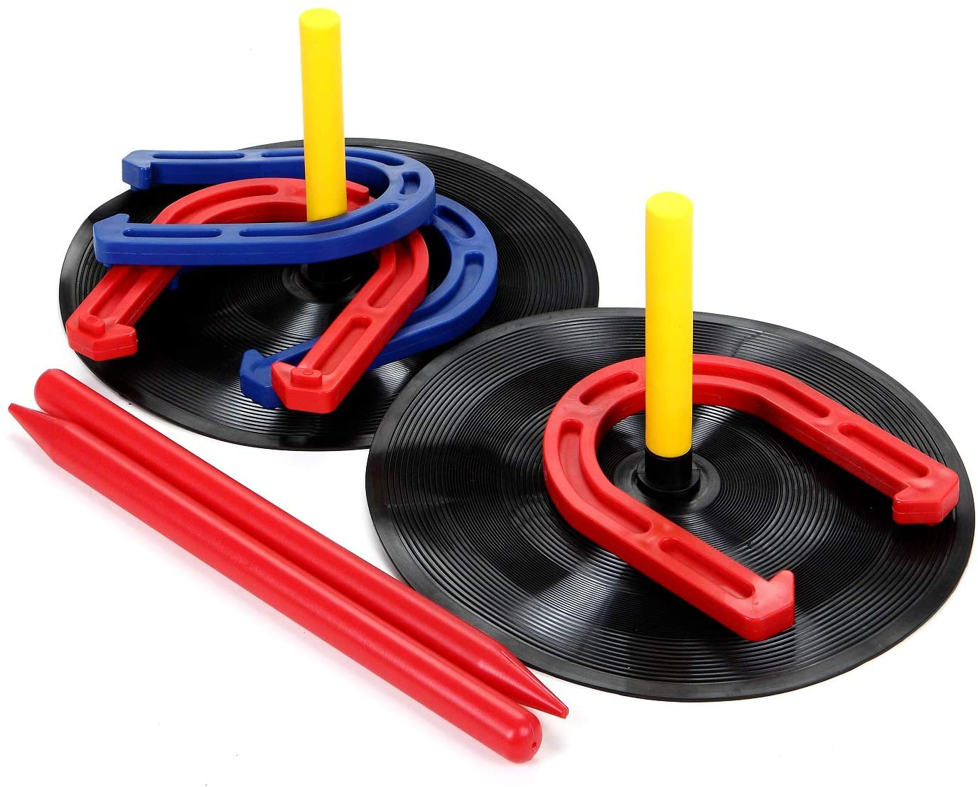 Rynx | Win SPORTS Outdoor Indoor Rubber Horseshoes Set Includes 4 Horseshoes, 2 Pegs, 2 Rubber Mats, 2 Red Plastic dowels, Beach Games Perfect for Tailgating, Camping, Backyard, Fun for Kids Adults