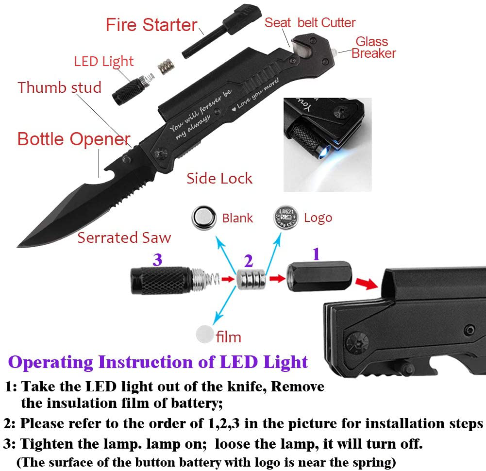 Rynx | Spouse birthday gift, pocket knife with 6 functions, LED light, fire starter, bottle opener, seat belt cutter, glass breaker, anniversary gift for men, boyfriend, Father's Day