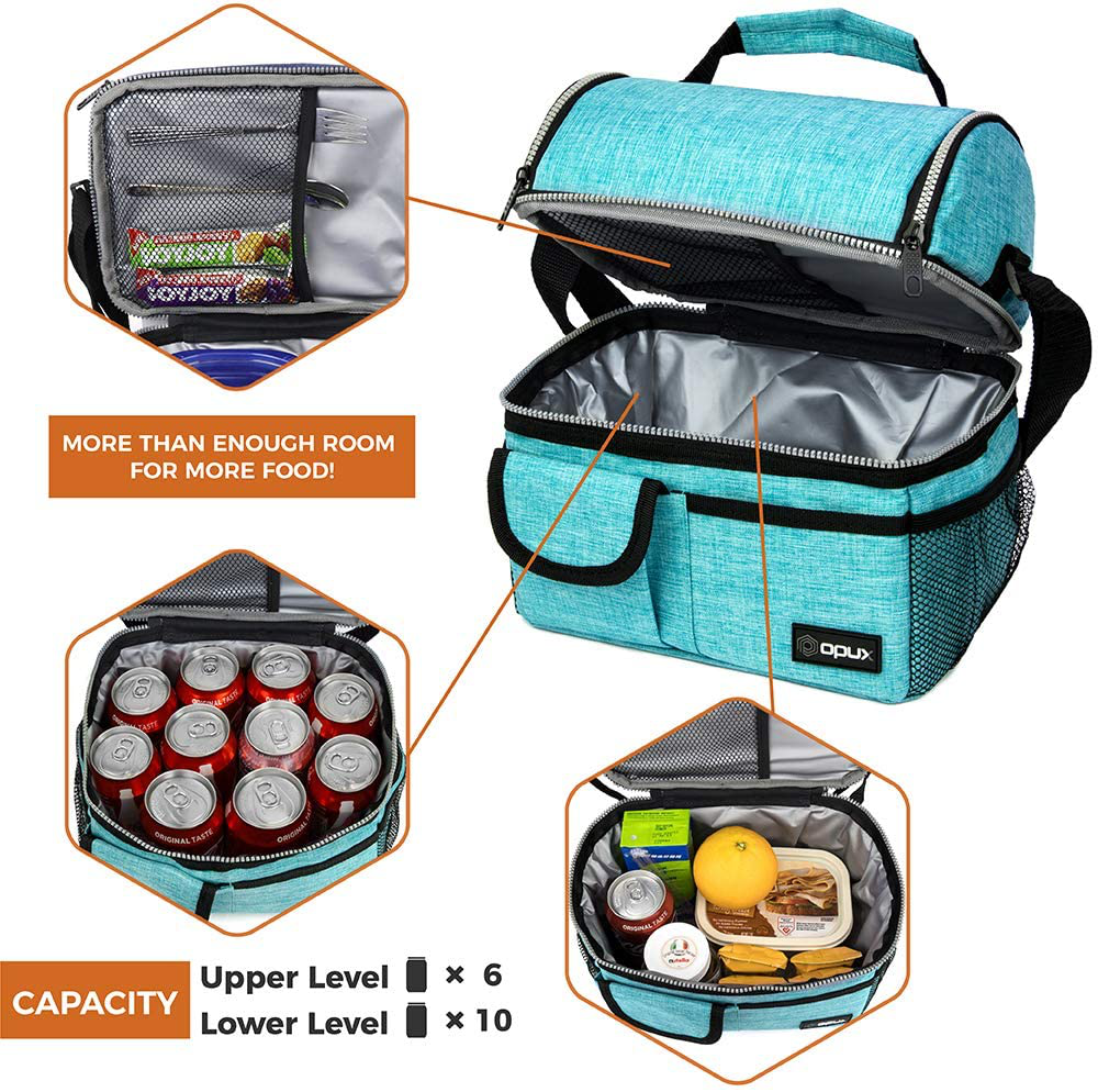 Rynx | Opux Insulated Dual Compartment Lunch Bag For Men, Women | Double Deck Reusable Lunch Box Cooler Bag With Shoulder Strap, Soft Leakproof Lining | Large Lunch Box Tote For Work, School (Turquoise)