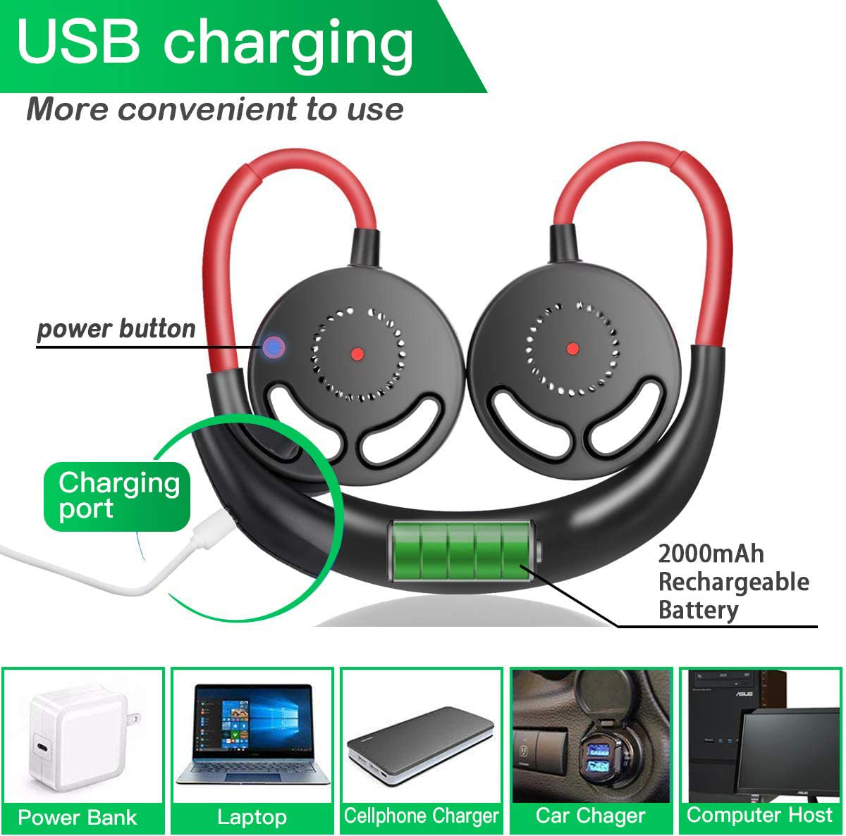 Rynx | Hands-free Portable Neck Fan, Mini USB Bladeless Personal Fan with Neck Hanging Design USB Rechargeable Battery with 3 Speeds Adjustable Airflow, 2 Fan Speeds for Travel Outdoor Office Home Sports