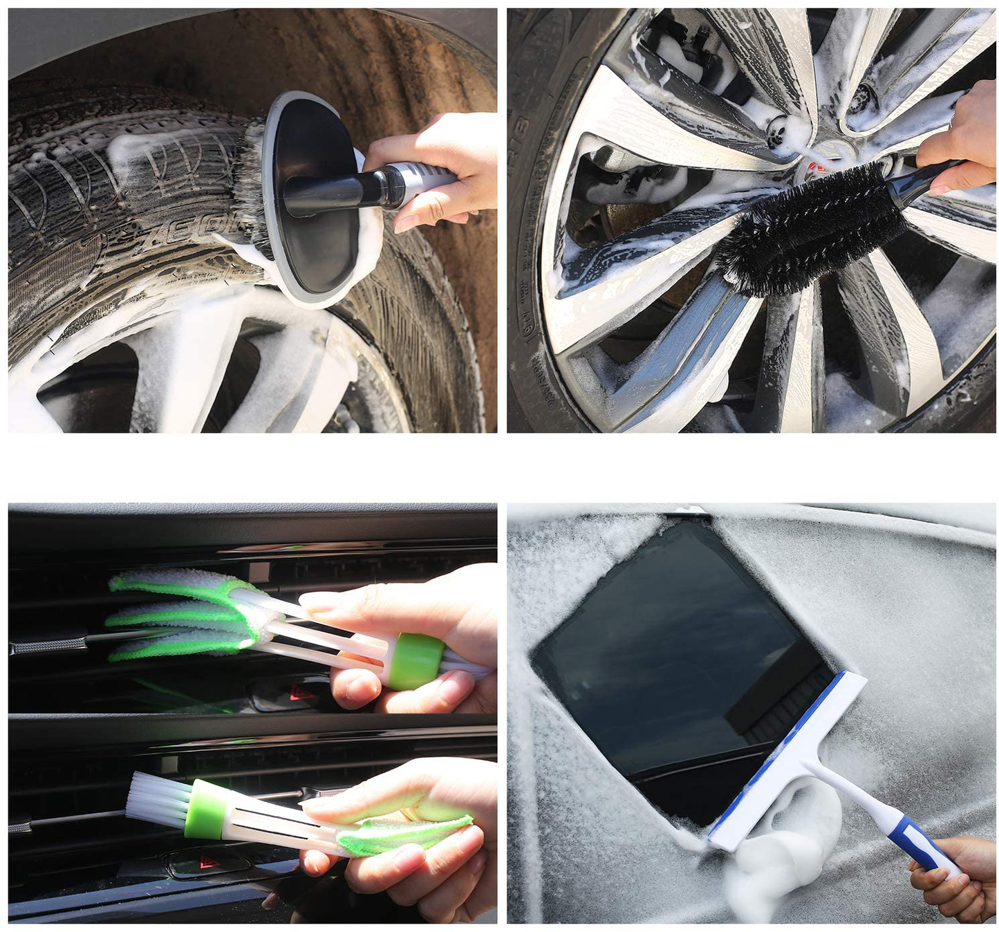 Rynx | AUTODECO 22Pcs Car Wash Cleaning Tool Set Car Detailing Set with Olive Green Leather Bag Foldable Bucket Washing Mitt Sponge Towels Tire Brush Window Scraper Duster Complete Interior Car Care Set