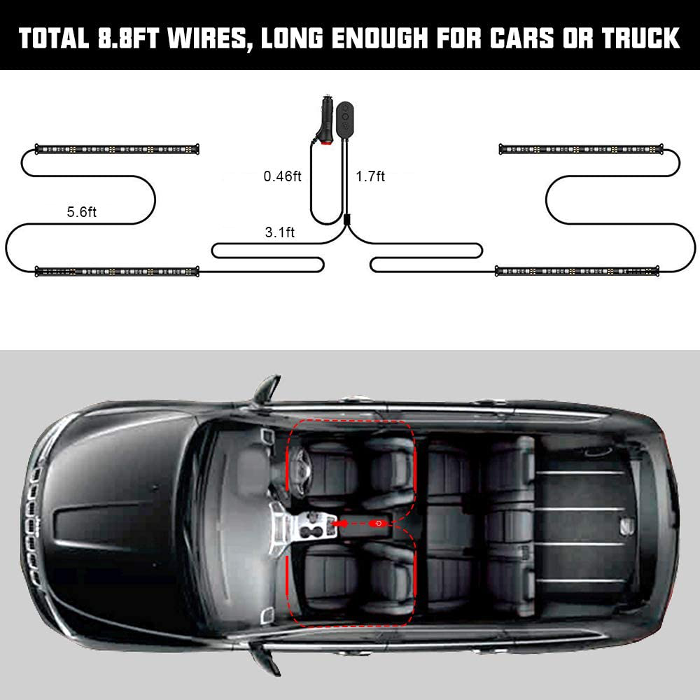 Rynx | SUNPIE Car Interior Light, Car Strips Light with App and Remote Control Waterproof LED Atmosphere Car Light Comes with 48 LED Chip 8.8ft Length Indoor Light with DC 12V Car Charger Sync to Music