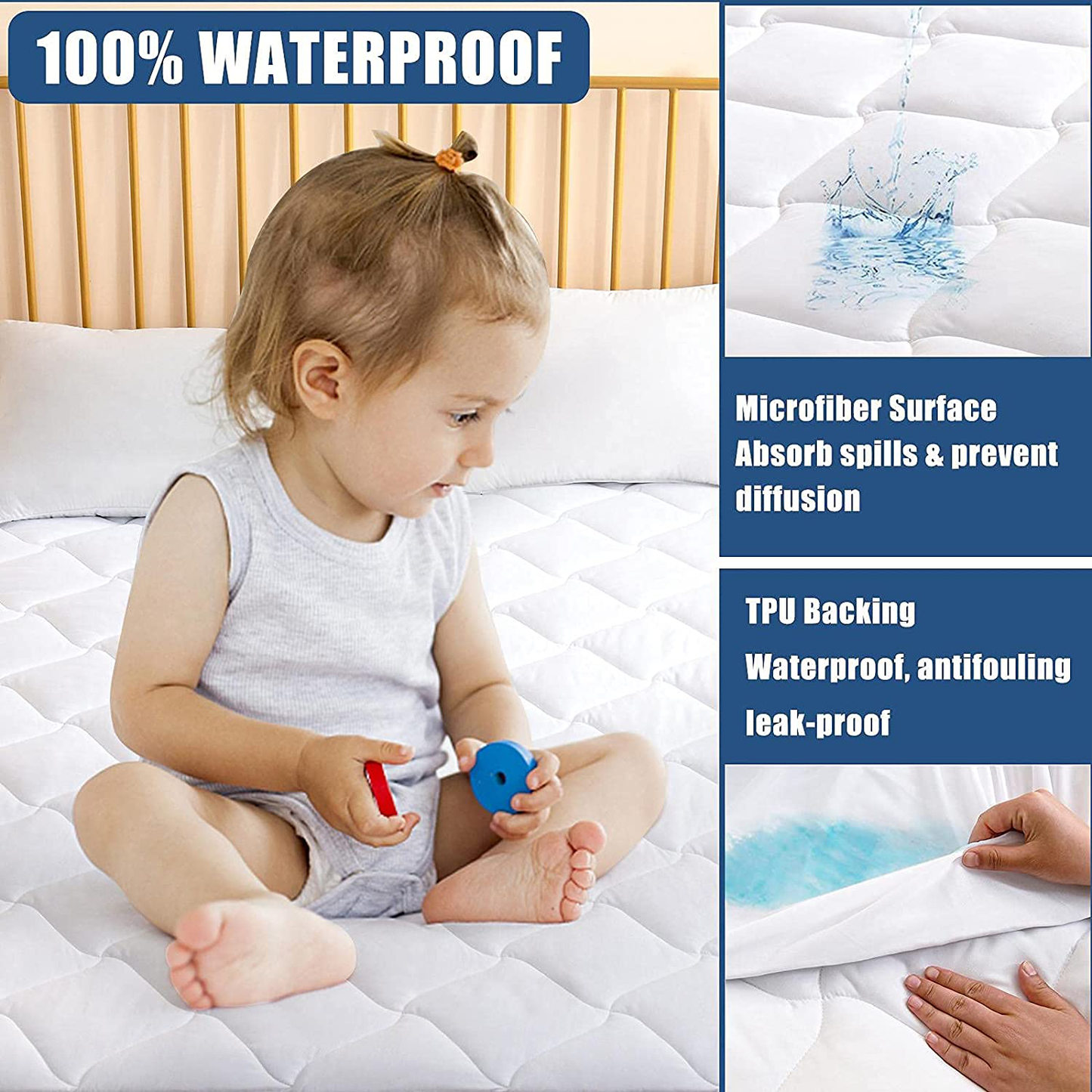 Rynx | Twin Size Quilted Fitted Mattress Pad, Waterproof Breathable Cooling Mattress Pad, stretches up to 21 Inch Deep Pocket Hollow Alternative Filling Silent Mattress Cover