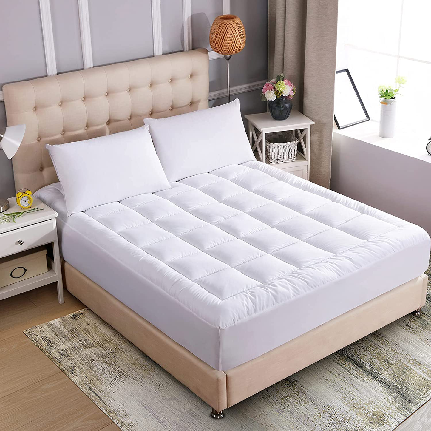 Rynx | WhatsBedding Waterproof Mattress Protector Queen Size Cotton Top Down Alternative Filling Pillow Top Mattress Protector Cover-Fitted Quilted (Queen Mattress Protector)