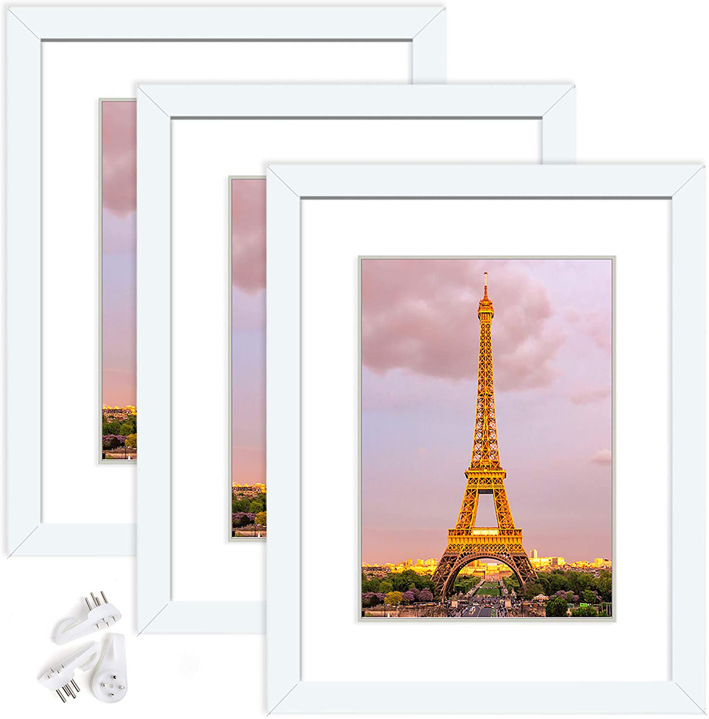 Rynx | upsimples 8.5x11 Picture Frame Set of 3, Made of high-resolution glass for 6x8 with mat or 8.5x11 without mat, Wall-mounted picture frame white