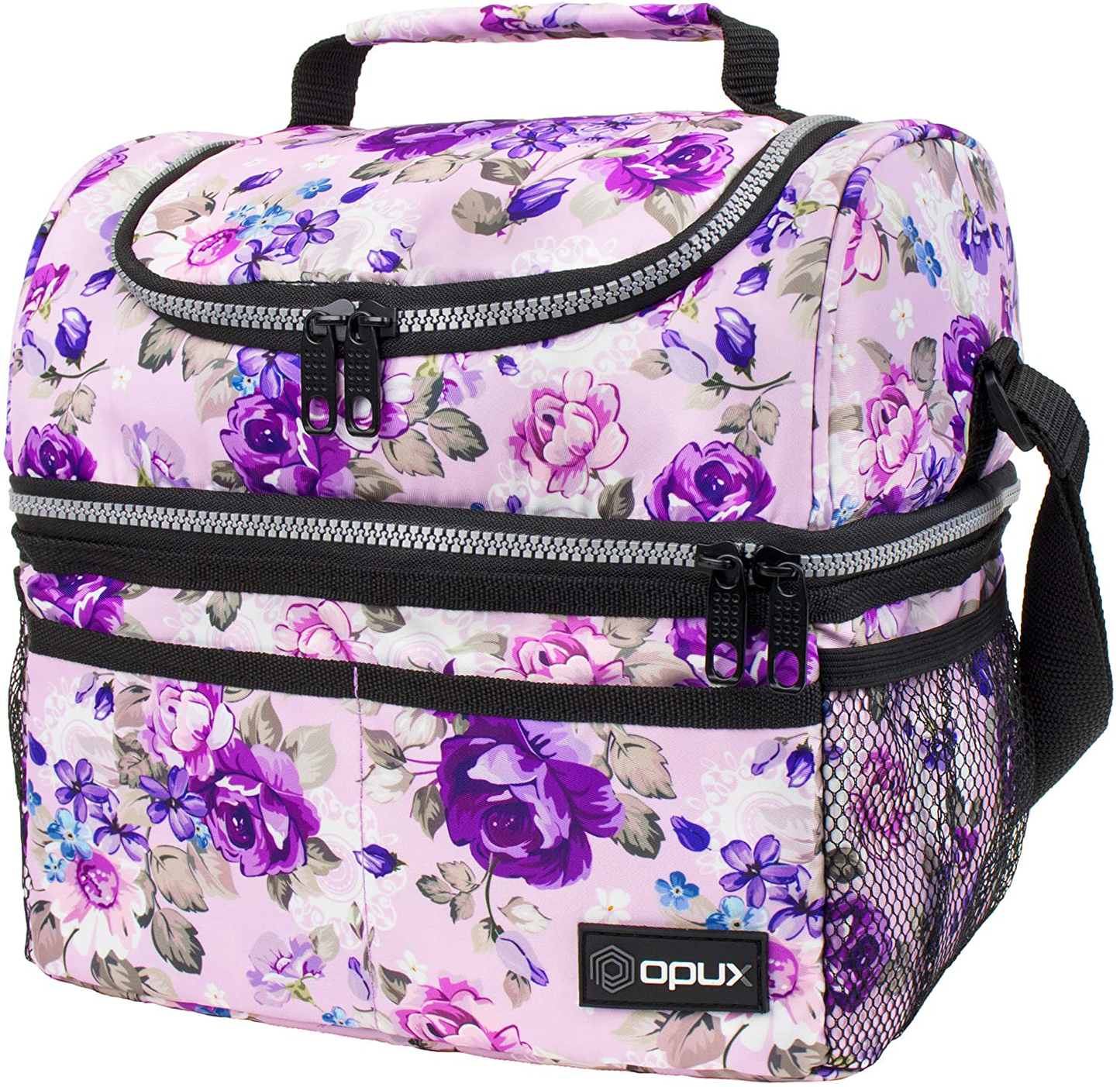 Rynx | Insulated Double Room Lunch Bag for Women, Ladies | Double Layer Reusable Lunch Box Cooler with Shoulder Strap, Leak-proof Liner | Medium Lunch Box for School, Work, Office (Flower Purple)