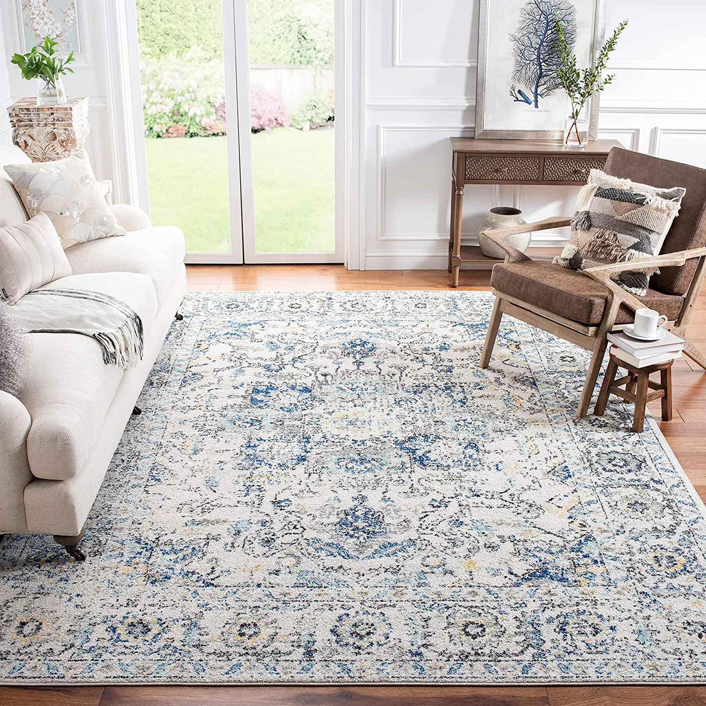 Rynx | Safavieh Madison Collection MAD603F Oriental Snowflake Medallion Distressed Non-Shedding Stain Resistance Living Room Bedroom Area Rug, 4' x 4' Square, Gray / Ivory