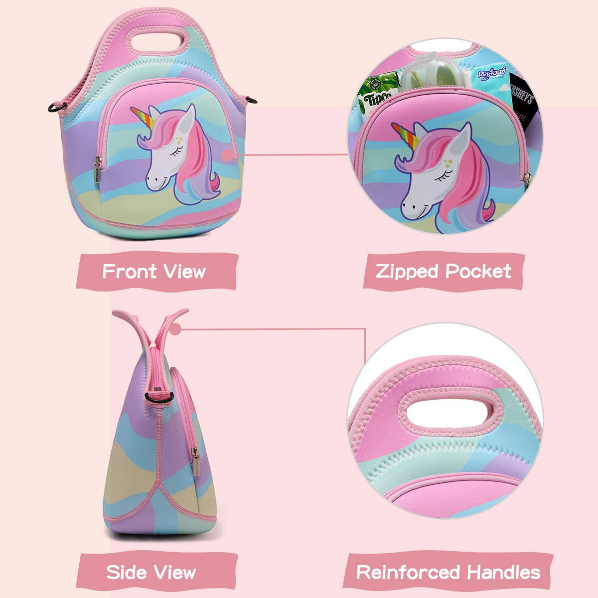 Rynx | Lunch bag for girls, Chasechic cute lightweight neoprene insulated lunch boxes tote for women with detachable adjustable shoulder strap unicorn