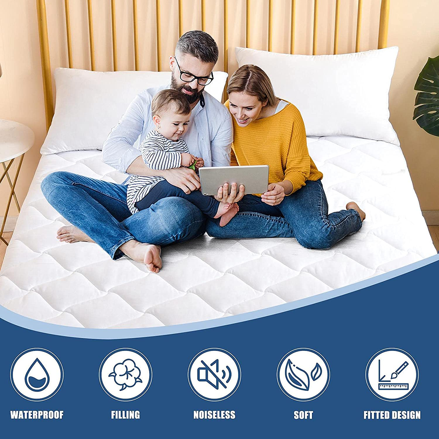 Rynx | Twin Size Quilted Fitted Mattress Pad, Waterproof Breathable Cooling Mattress Pad, stretches up to 21 Inch Deep Pocket Hollow Alternative Filling Silent Mattress Cover