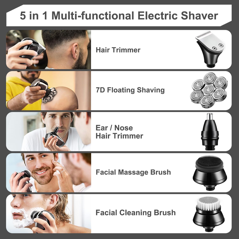 Rynx | 5 in 1 Electric Razor 7D Rechargeable Head Shaver Grooming Kit with LED Display