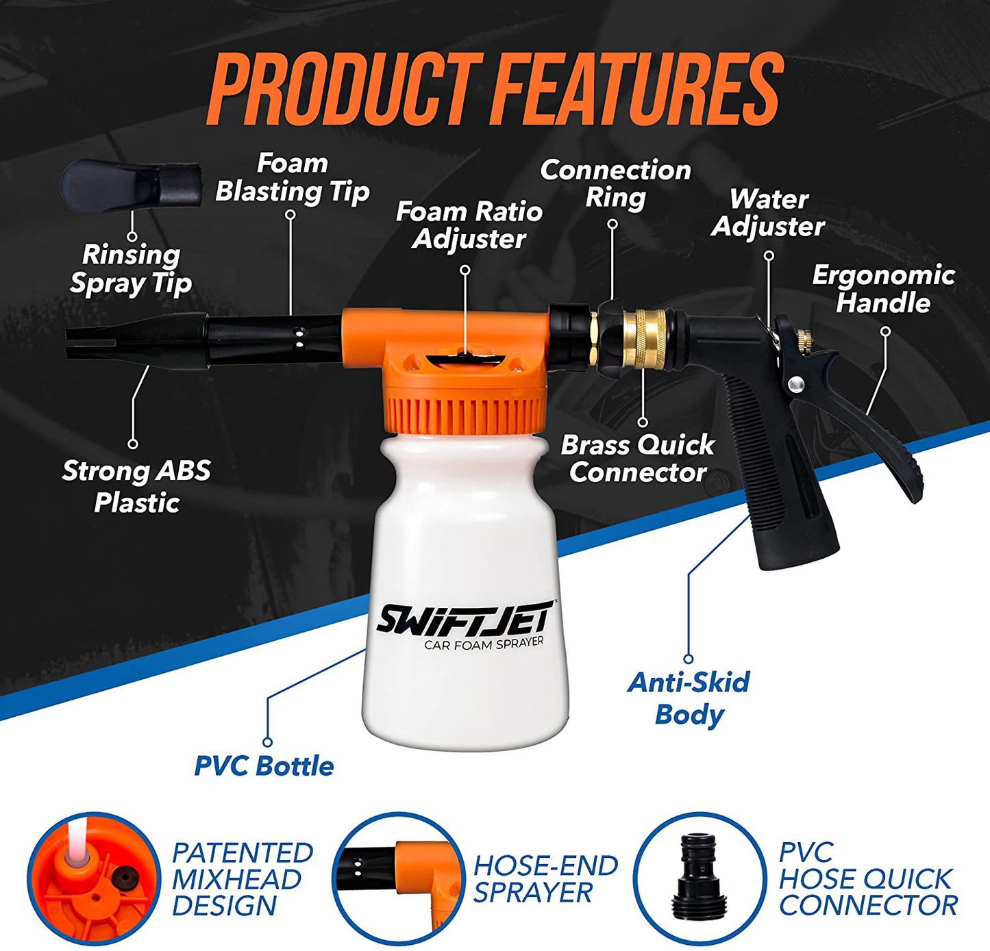 Rynx | SwiftJet Car Wash Foam Cannon Sprayer with Microfiber Wash Mitt - Adjustable Water Pressure & Soap Ratio - Foam Cannon Attaches to Any Garden Hose (Foam Sprayer with Wash Mitt)