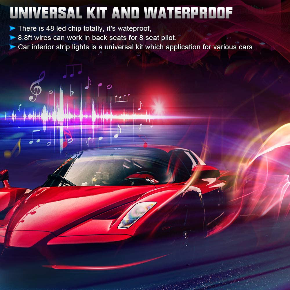 Rynx | SUNPIE Car Interior Light, Car Strips Light with App and Remote Control Waterproof LED Atmosphere Car Light Comes with 48 LED Chip 8.8ft Length Indoor Light with DC 12V Car Charger Sync to Music