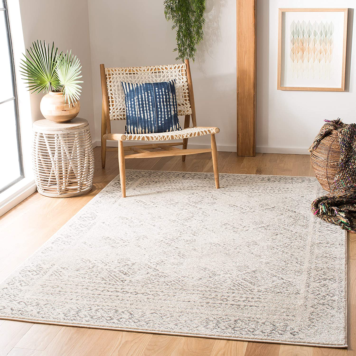 Rynx | Safavieh Tulum Collection Tul264a Moroccan Boho Distressed Non-Shedding Stain Resistant Living Room Bedroom Rug, 3' X 3' Square, Ivory / Grey
